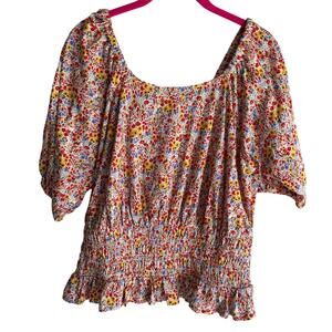 LOFT Outlet  NWT Multicolor Garden Smocked Waist Square‎ Neck Ladies Blouse, L
